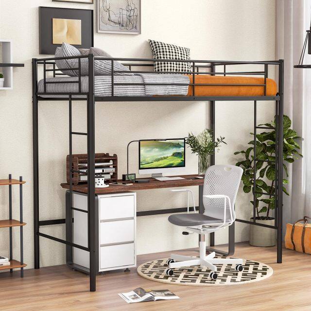 KOMFOTT Twin Size Metal Loft Bed with Both Side Ladders & Safety Guardrails
