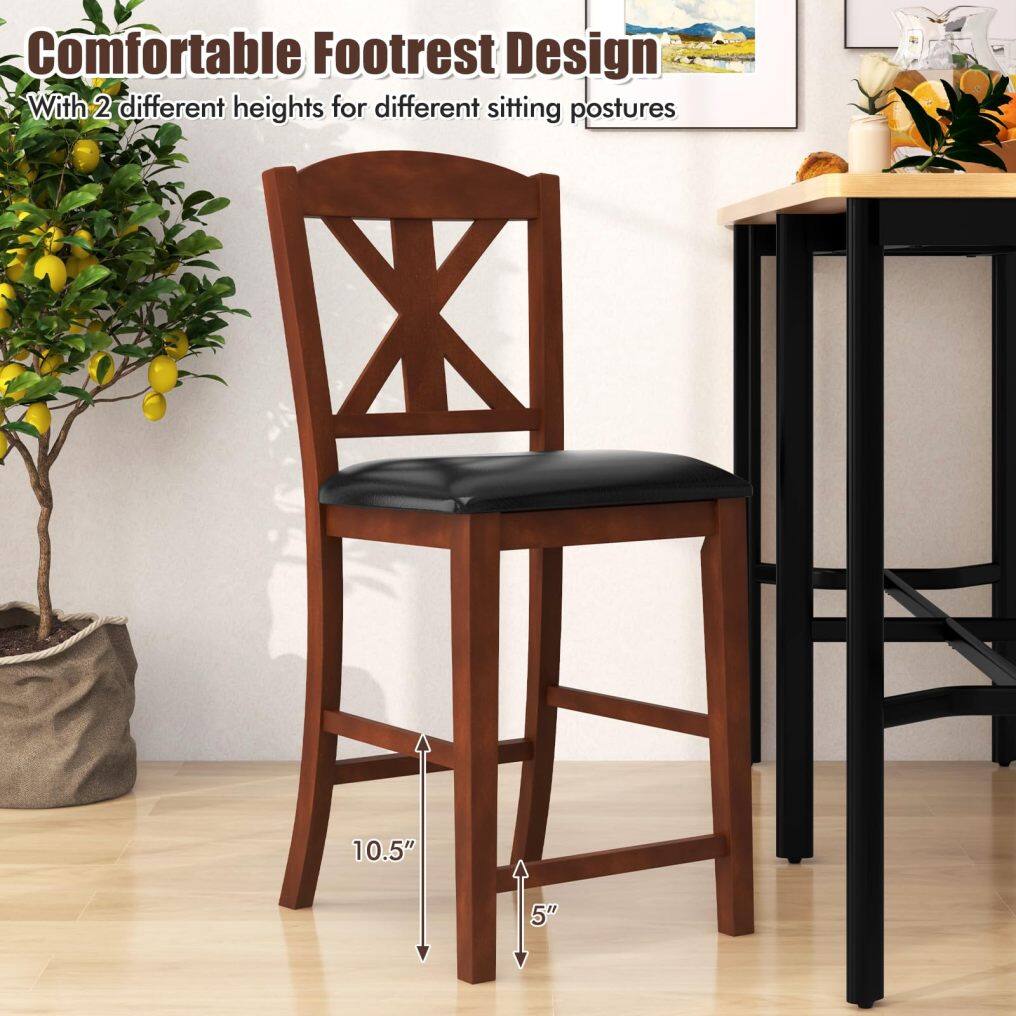 KOMFOTT Wood Bar Stools Set of 2/4, 24" Upholstered Counter Height Bar Chairs w/Hollowed High Back, PU Leather, Rubber Wood Legs