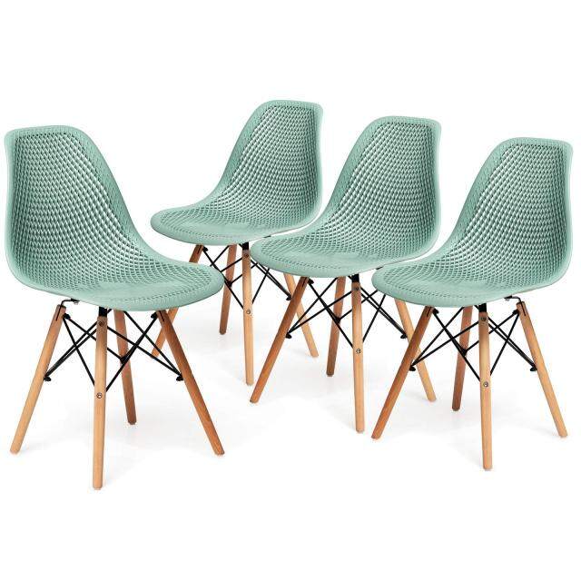 KOMFOTT Set of 4 Modern Dining Chairs, Outdoor Indoor Shell PP Lounge Side Chairs with Mesh Design, Beech Wood Legs