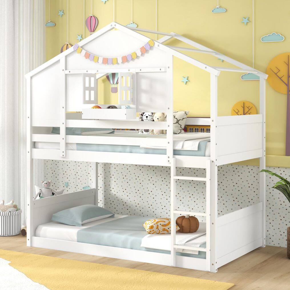 KOMFOTT Twin Over Twin Wood House Bunk Bed for Kids with Roof, Window Door, Storage Box, Safety Guardrails, Wood Slats & Ladder