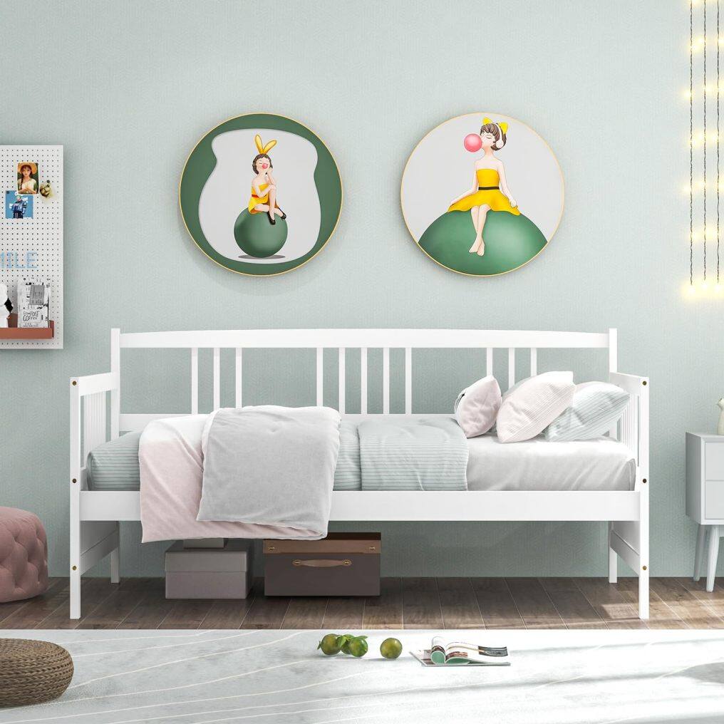 KOMFOTT Twin Daybed Frame, Wooden Sofa Bed Guest Bed with Rails & Wood Slat Support