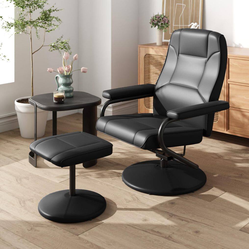 KOMFOTT Recliner Chair with Ottoman, 360° Swivel Faux Leather Reclining Chair w/Adjustable Backrest, Footrest