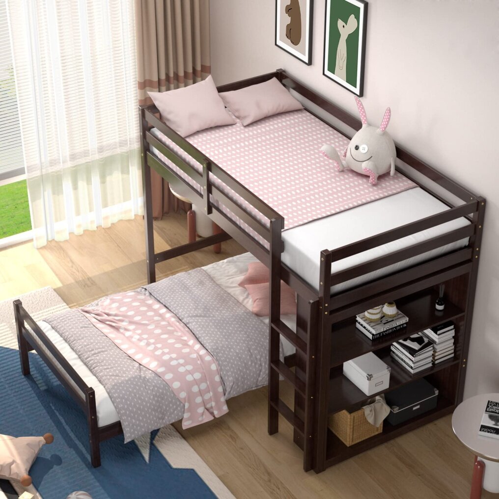 KOMFOTT Twin Over Twin Bunk Bed, Convertible Wooden Loft Bed with 3-Tier Bookcase, Can be Separated into 2 Beds