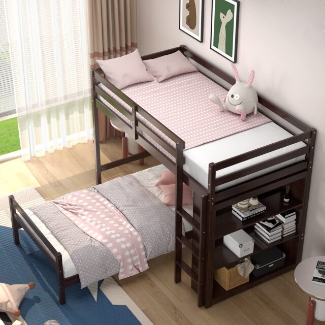 KOMFOTT Twin Over Twin Bunk Bed, Convertible Wooden Loft Bed with 3-Tier Bookcase, Can be Separated into 2 Beds