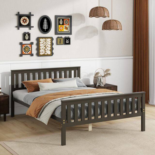 KOMFOTT Wood Platform Bed Frame with Headboard, Wooden Slats Support, 12" Under-Bed Storage Space