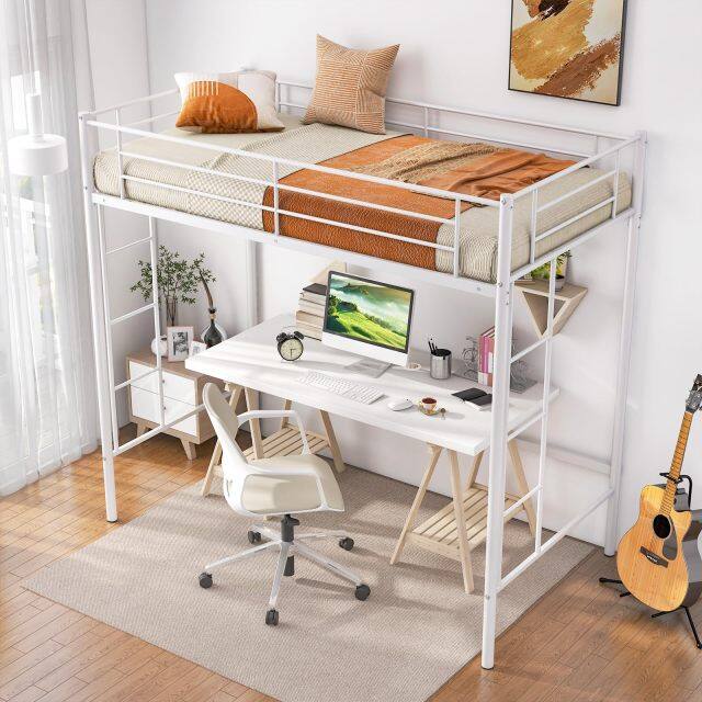 KOMFOTT Twin Size Metal Loft Bed with Both Side Ladders & Safety Guardrails