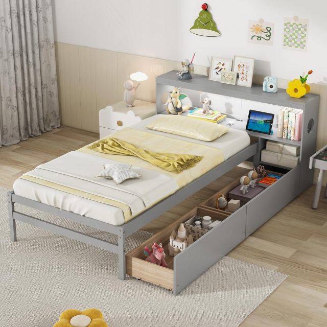 KOMFOTT Wood Twin Bed Frame with Storage Drawer & Headboard, Modern Platform Bed with Charging Station & LED Light