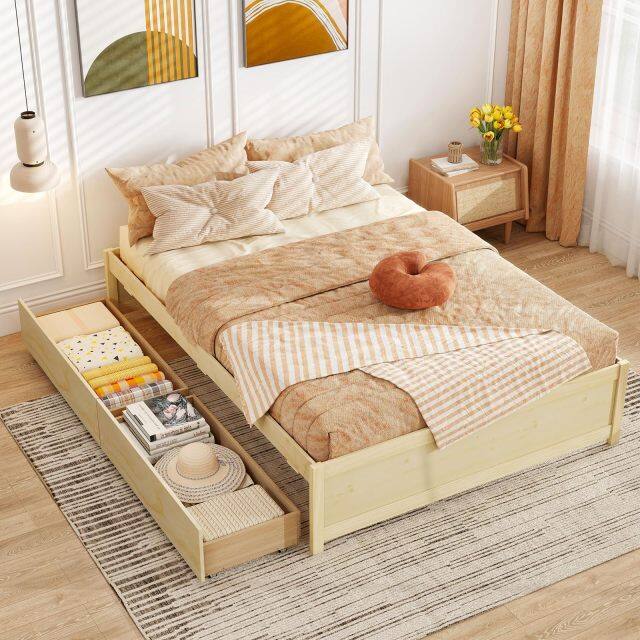 KOMFOTT Bed Frame with 2 Storage Drawers, Solid Wood Platform Bed with Slats Support