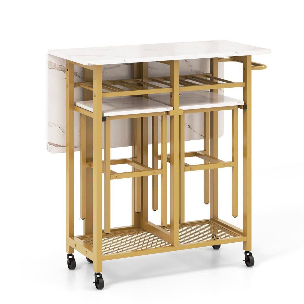 KOMFOTT 3 Piece Foldable Dining Table Set, Extendable Dining Table & 2 Stools Set w/ 6-Bottle Wine Rack, Shelves & Side Pushing Handle