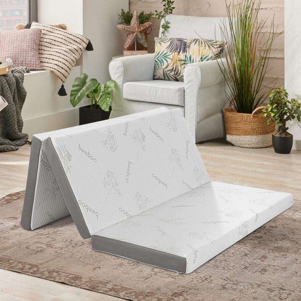KOMFOTT 4" Tri-Folding Mattress with Storage Bag, Memory Foam Mattress with Removable Bamboo Cover