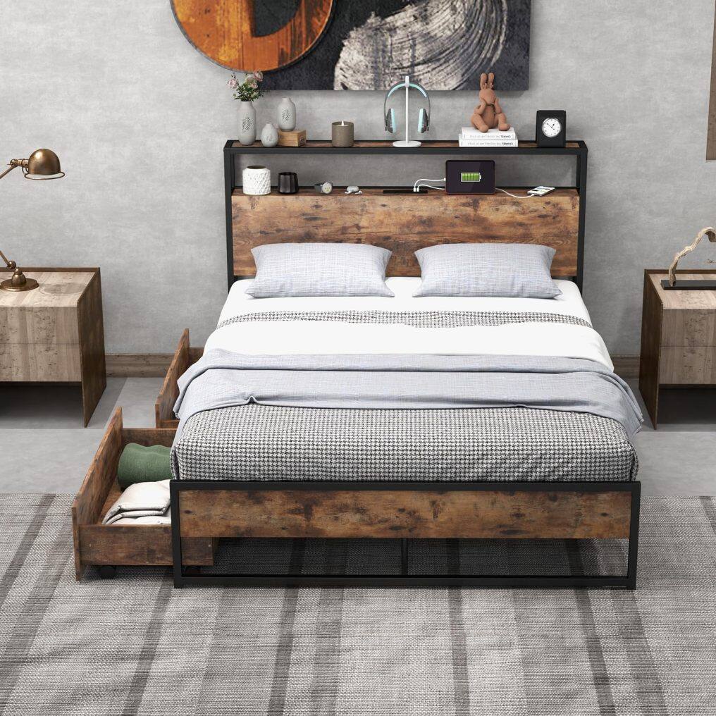 KOMFOTT Bed Frame with 2 Storage Drawers and Charging Station, Rustic Metal Slats Support Mattress Foundation
