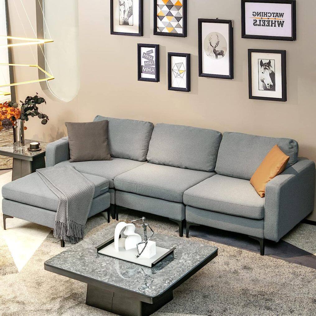 KOMFOTT Convertible Sectional Sofa Couch, 3-Seat L Shaped Couch with Reversible Ottoman, Built-in Socket & USB Ports