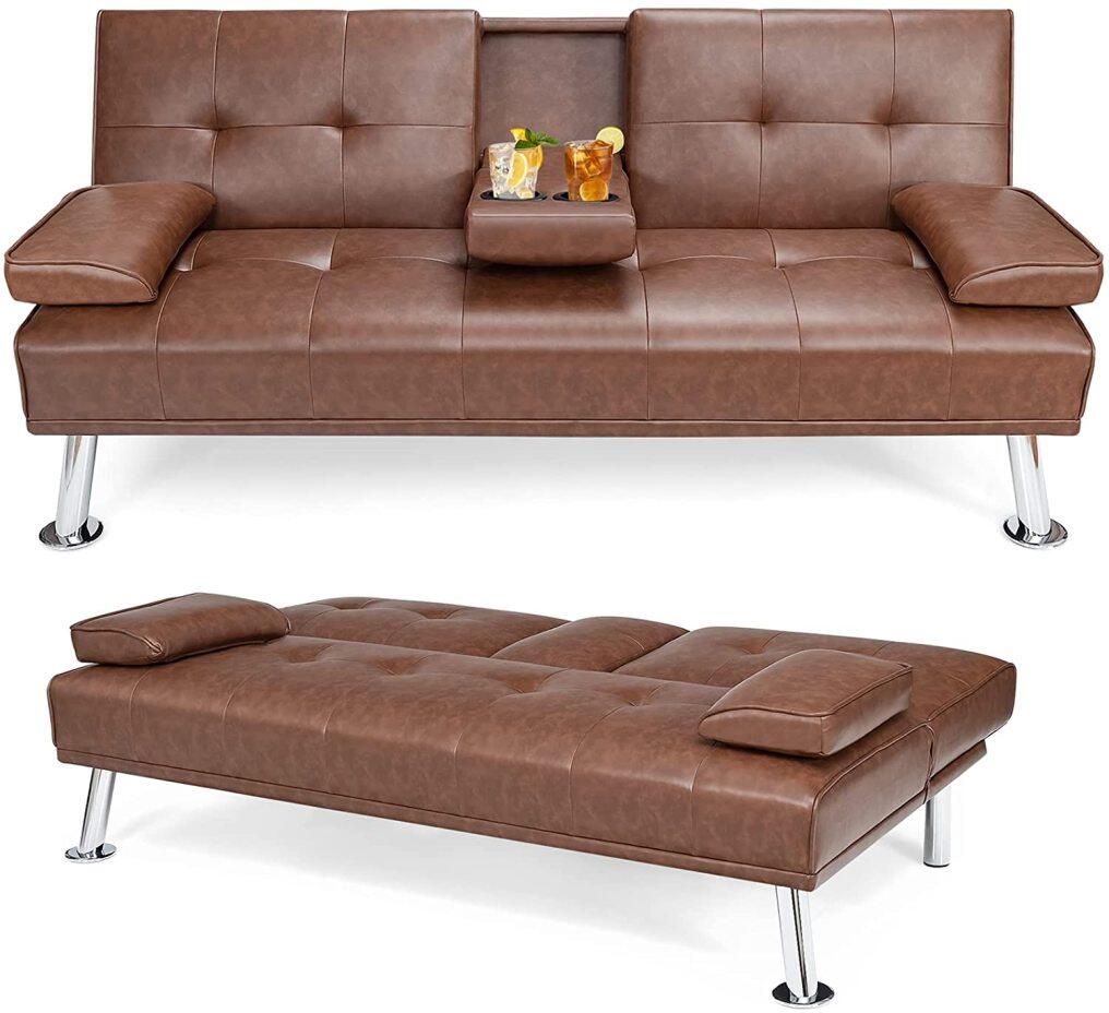 KOMFOTT Leather Convertible Futon Sofa Bed with Removable Armrests and 2 Cup Holders