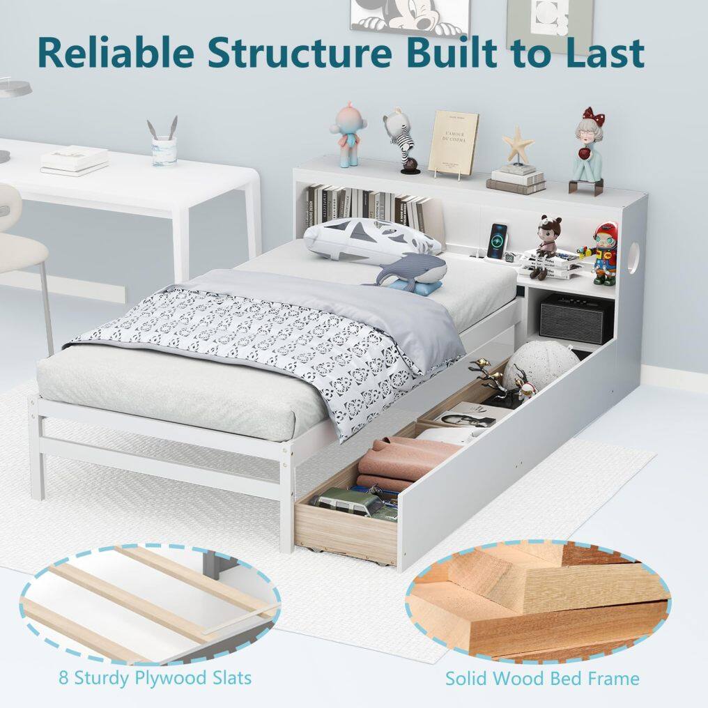 KOMFOTT Wood Twin Bed Frame with Storage Drawer & Headboard, Modern Platform Bed with Charging Station & LED Light