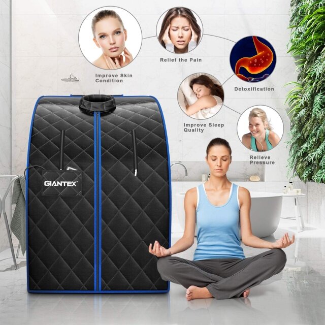 KOMFOTT Infrared Portable Sauna W/ 9 Temperature & Timer, Foldable Chair, LED Remote Control, Foot Roller, Heating Foot Pad & Absorbent Mat