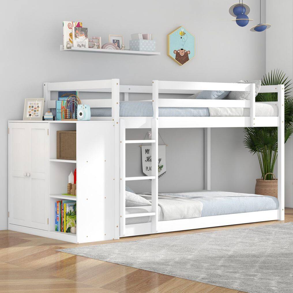 KOMFOTT Twin Over Twin Bunk Bed with Storage Cabinet & Shelves, Convertible Bookcase