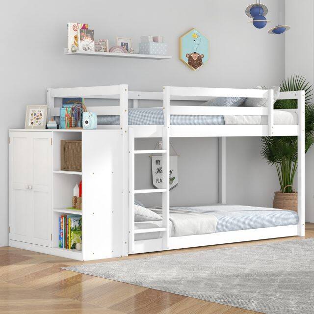 KOMFOTT Twin Over Twin Bunk Bed with Storage Cabinet & Shelves, Convertible Bookcase