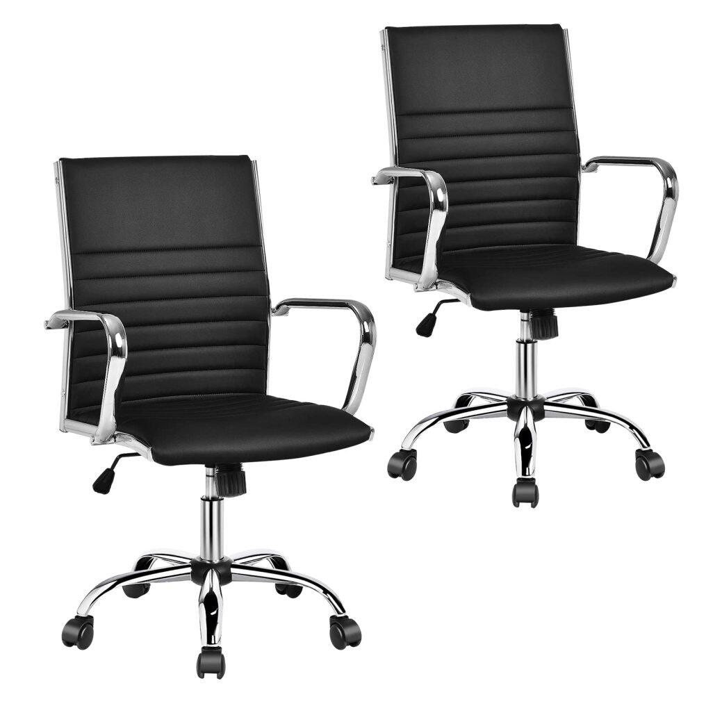 KOMFOTT Ribbed Office Chair, Ergonomic Modern Leather Desk Chair with Adjustable Height & Arms, Swivel Mid Back Executive Conference Room Chairs