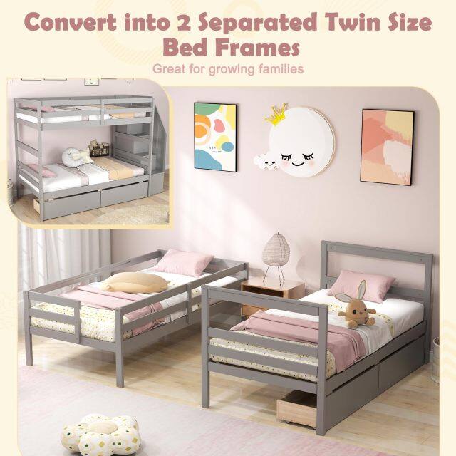 KOMFOTT Wood Twin Over Twin Bunk Bed with 2 Storage Drawers & Stairs
