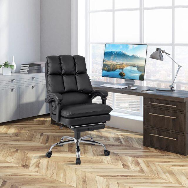 KOMFOTT Ergonomic Office Chair with Footrest, PU Leather Reclining Chair with Padded Armrests & Soft Cushioned