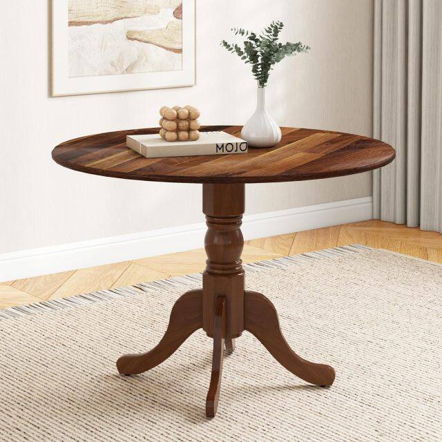 KOMFOTT Wood Round Dining Table for 4 People with Round Tabletop & Curved Trestle Legs