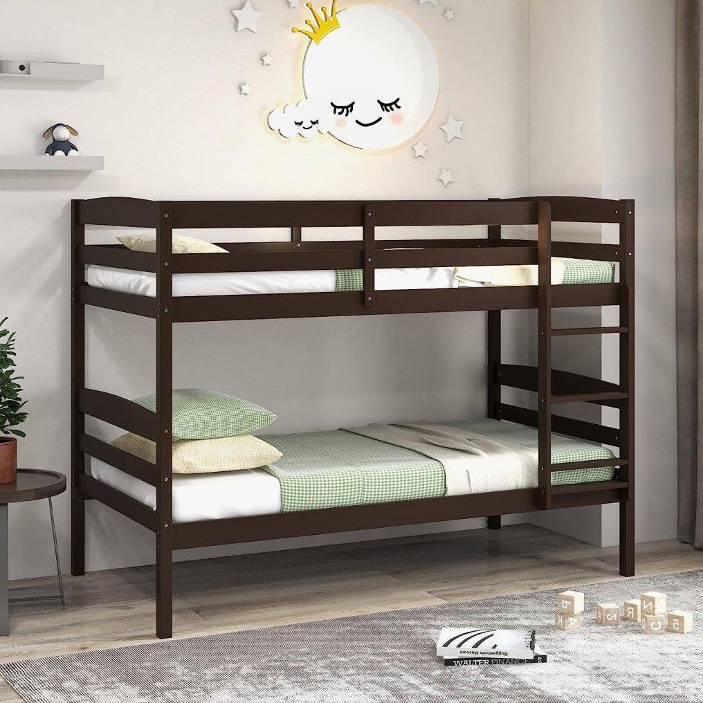KOMFOTT Twin Over Twin Wood Bunk Bed with Full-Length Guardrail & Integrated Ladder