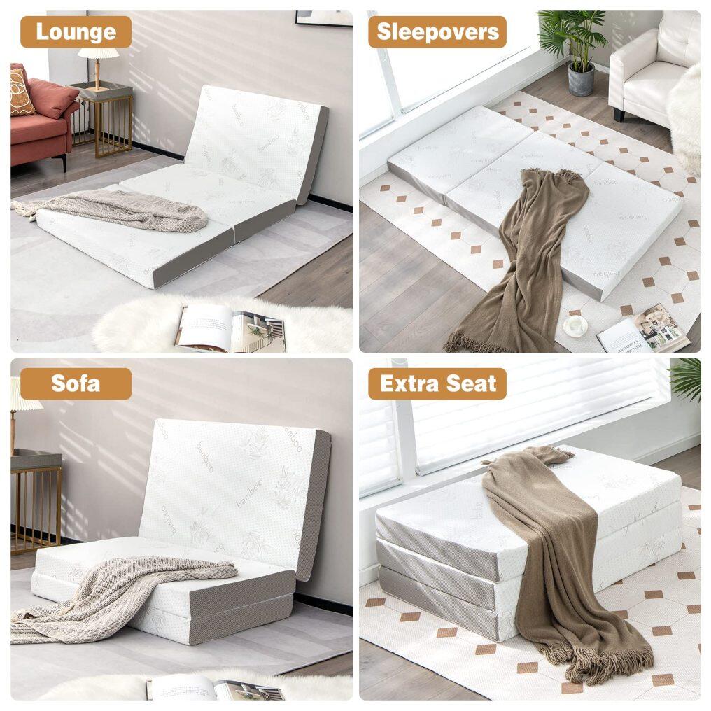 KOMFOTT 4" Tri-Folding Mattress with Storage Bag, Memory Foam Mattress with Removable Bamboo Cover