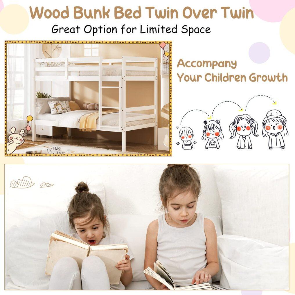 KOMFOTT Twin Over Twin Wood Bunk Bed with Ladder & Safety Guardrail