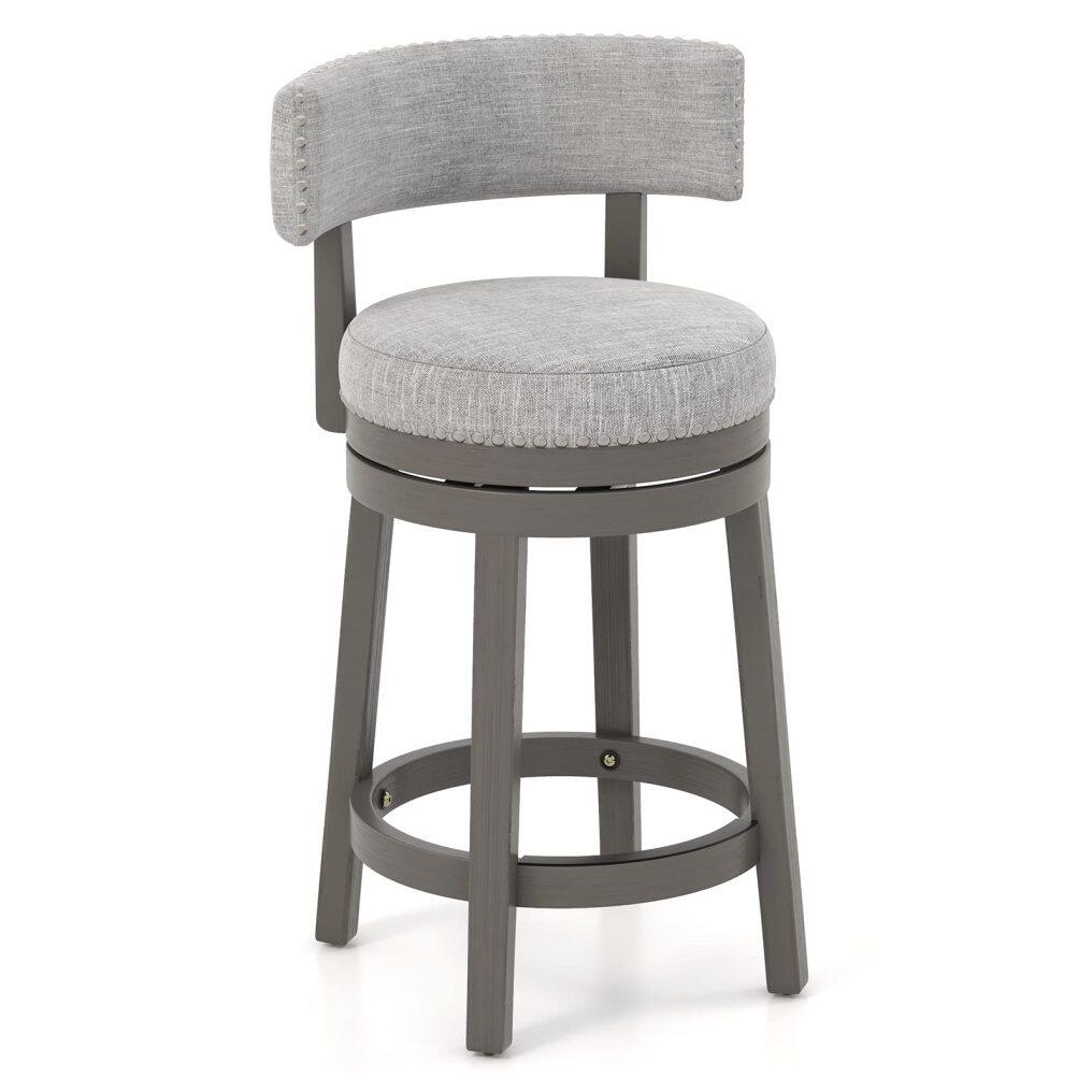 KOMFOTT Modern 360° Swivel Bar Stool with Upholstered Back & Seat, Solid Rubber Wood Legs & Round Footrest