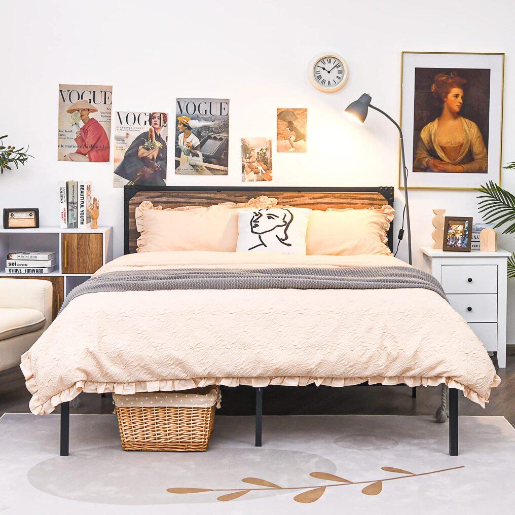 KOMFOTT Full/ Queen Size Metal Bed Frame with Wood Headboard