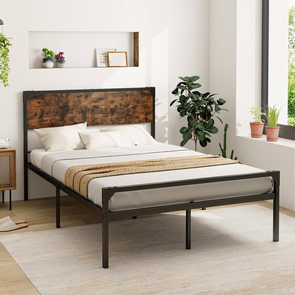 KOMFOTT Full/ Queen Size Metal Bed Frame with Wood Headboard
