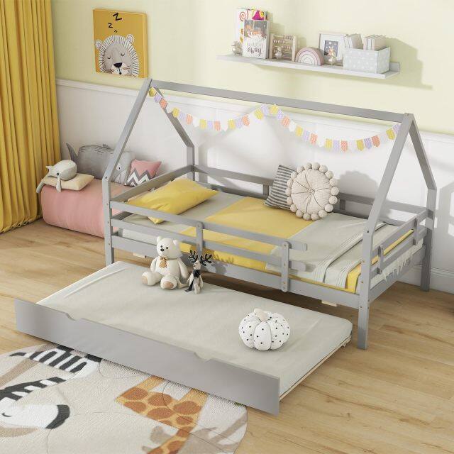 KOMFOTT House Bed with Trundle Wood Bed Frame with Safety Rails & Roof