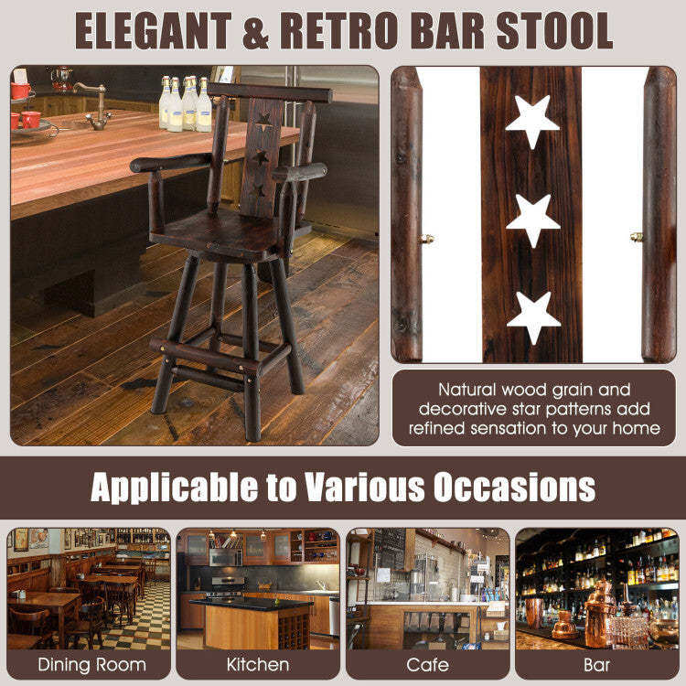 29 Inch Wooden Bar Stool 360° Swivel Bistro Chair with Footrest and Armrest