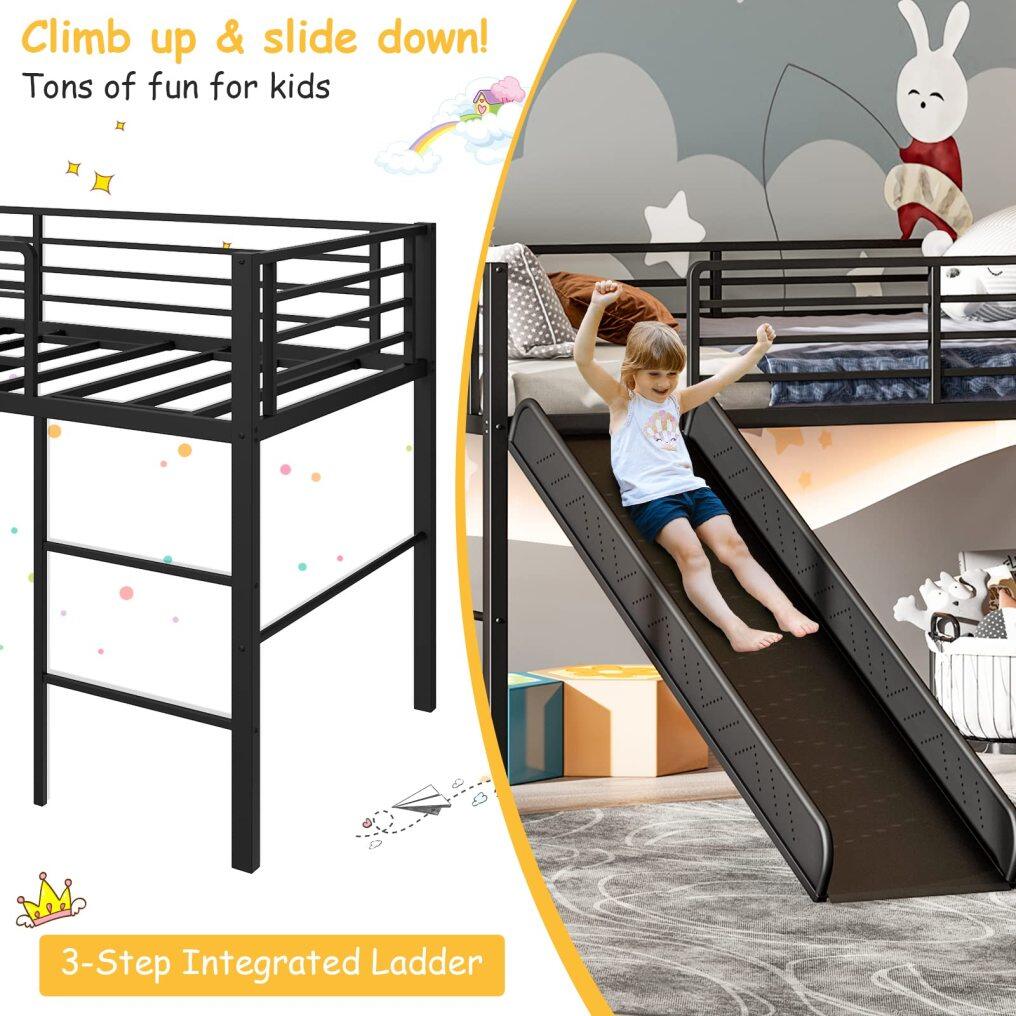 KOMFOTT Twin Metal Low Loft Bed with Slide, Safety Guardrails & Built-in Ladder