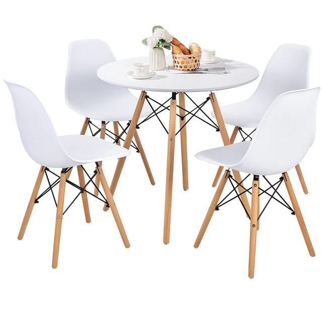 KOMFOTT Round Dining Table Set for 4, Modern Circle Kitchen Table & 4 Chairs with Ergonomic Seats and Solid Wood Legs