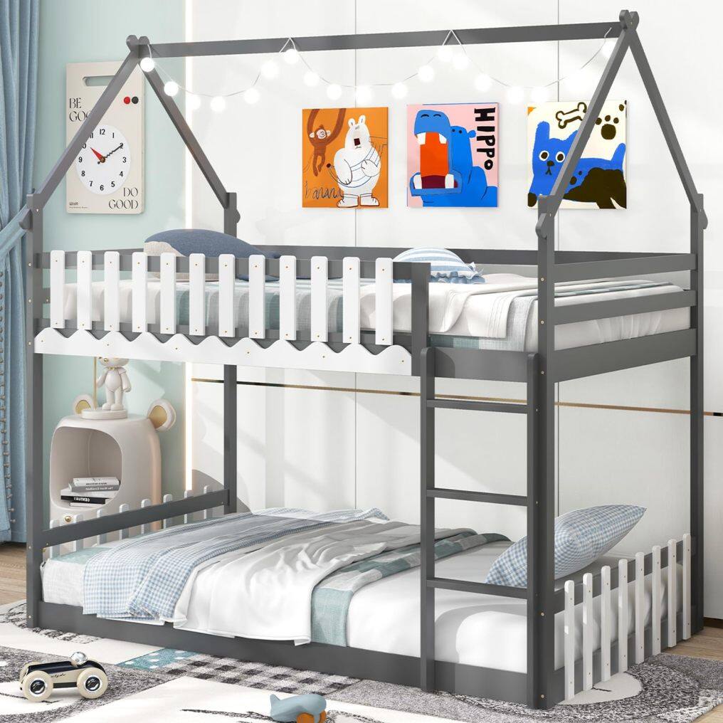 KOMFOTT Wood Twin Over Twin House Bunk Bed, Solid Wood Low Bunk Bed with Ladder, Safety Guardrails & Fences