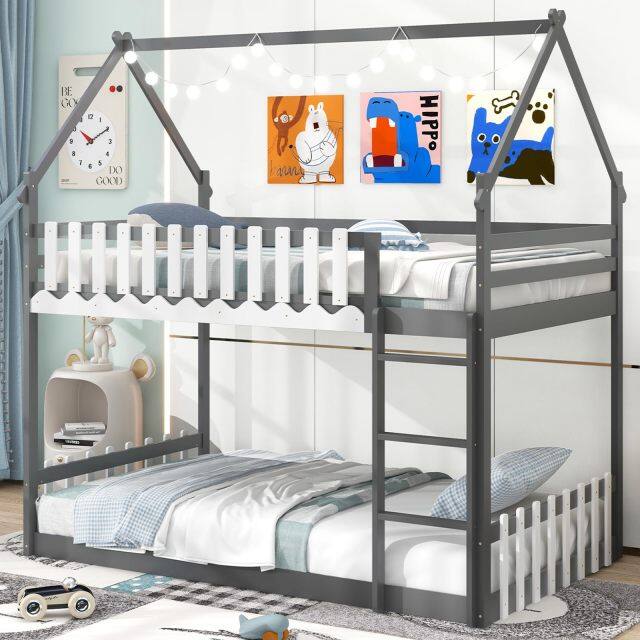 KOMFOTT Wood Twin Over Twin House Bunk Bed, Solid Wood Low Bunk Bed with Ladder, Safety Guardrails & Fences