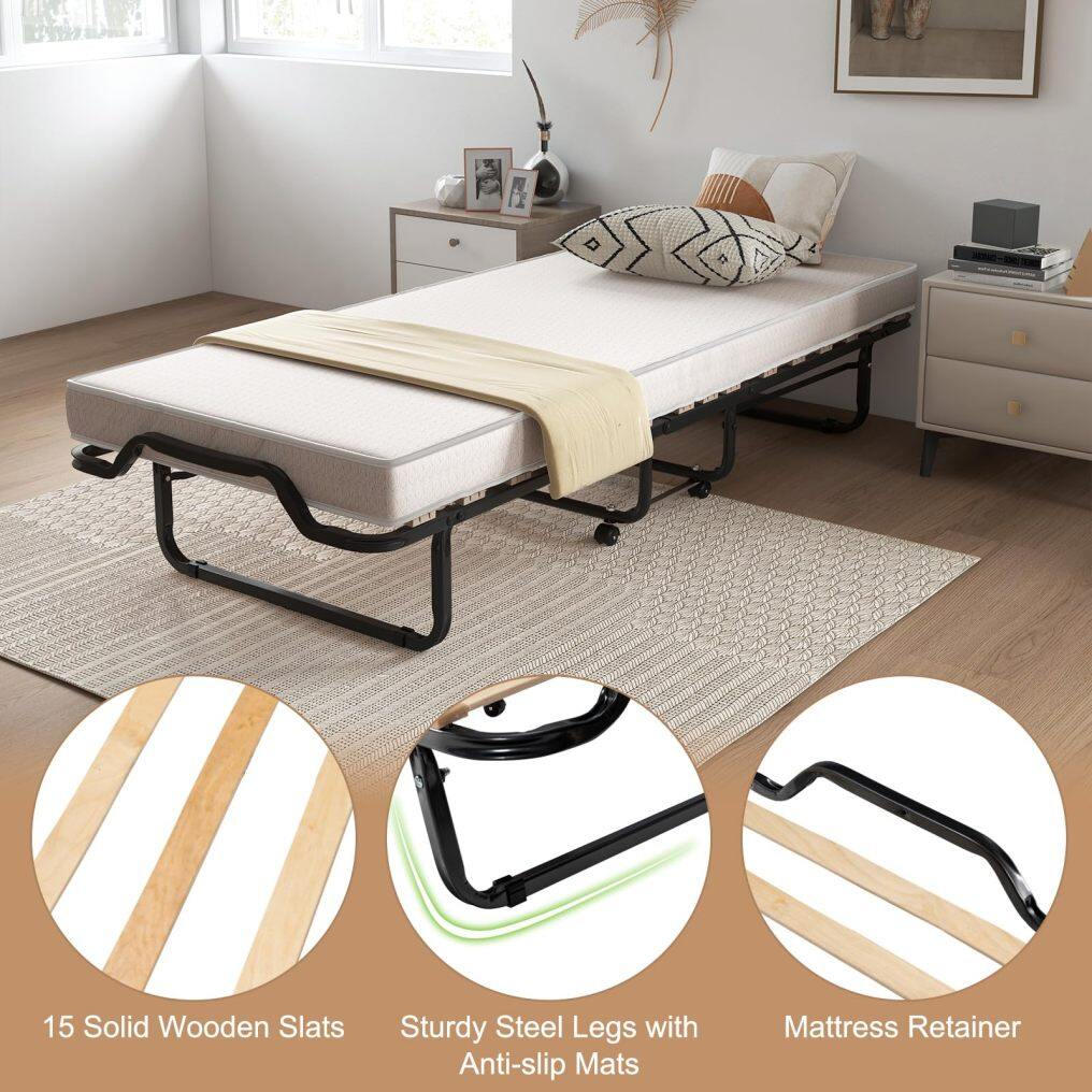 KOMFOTT Twin Size Folding Rollaway Bed with Mattress for Adults