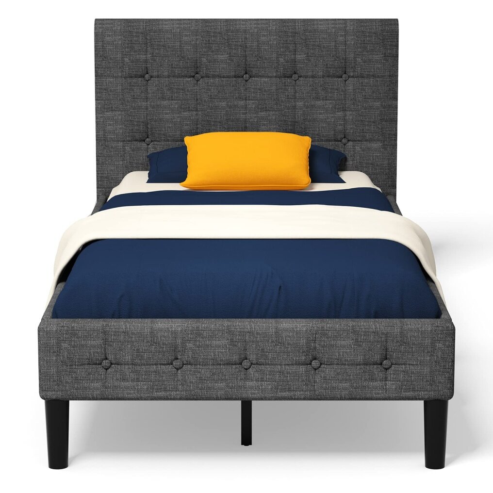 KOMFOTT Upholstered Bed Frame with Button Tufted Headboard