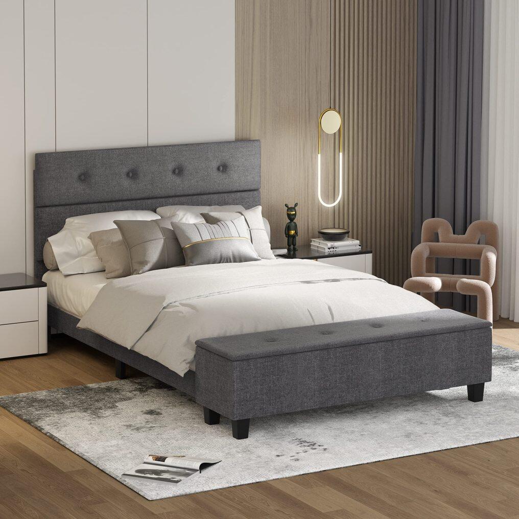 KOMFOTT Full/Queen Size Upholstered Bed Frame with Ottoman Storage