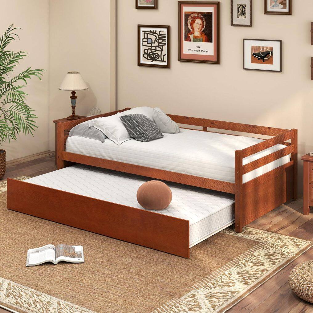 KOMFOTT Twin Daybed with Trundle, Wood Trundle Bed with Wood Slat Support