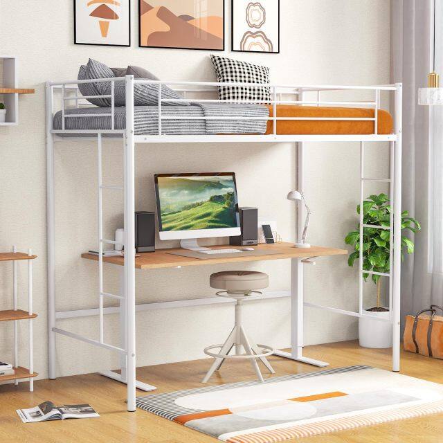 KOMFOTT Twin Size Metal Loft Bed with Both Side Ladders & Safety Guardrails