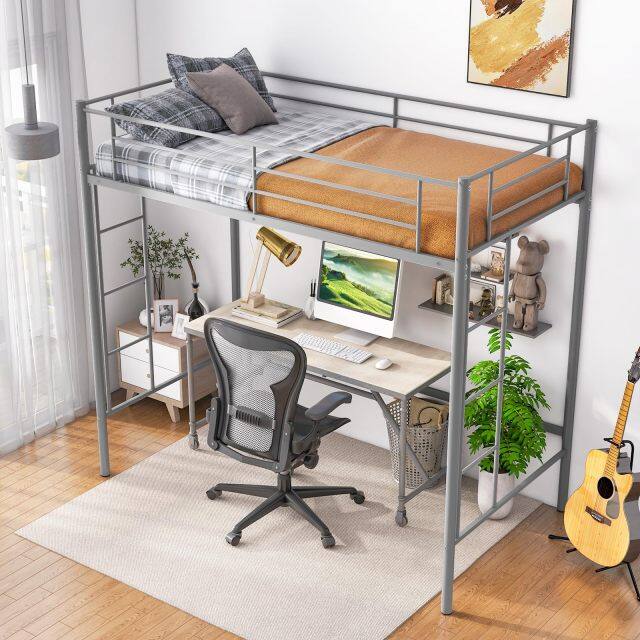 KOMFOTT Twin Size Metal Loft Bed with Both Side Ladders & Safety Guardrails