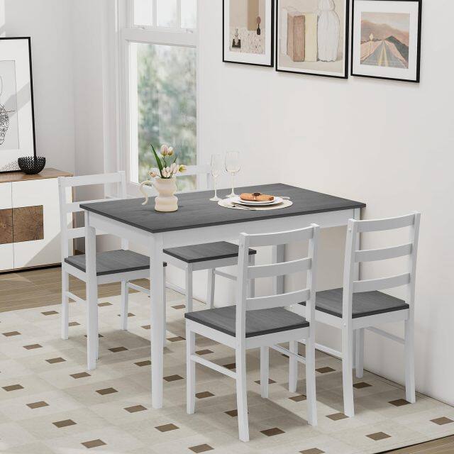 KOMFOTT Dining Table Set for 4, Farmhouse Solid Wood Dining Set w/Rubber Wood Legs