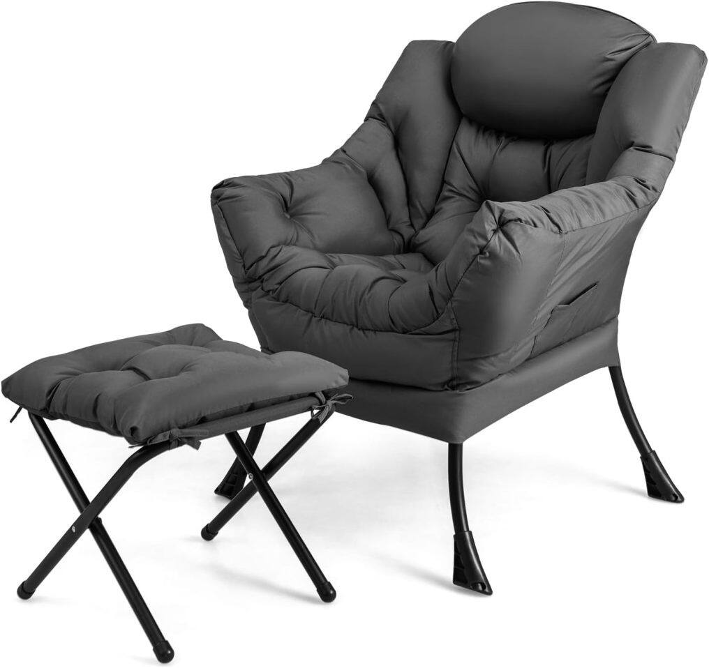 KOMFOTT Lazy Sofa Chair with Ottoman, Upholstered Leisure Lounge Armchair with Folding Footrest, Side Storage Pocket