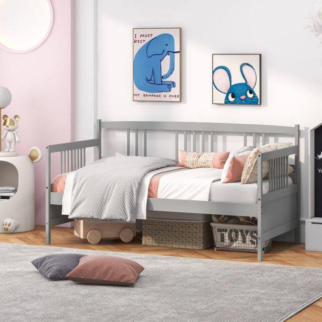 KOMFOTT Twin Daybed Frame, Wooden Sofa Bed Guest Bed with Rails & Wood Slat Support