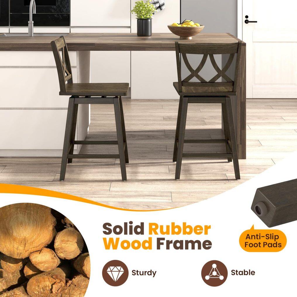 KOMFOTT Swivel Wooden Bar Stools Set of 2/4 with Rubber Wood Frame, Footrest & Ergonomic Backrest