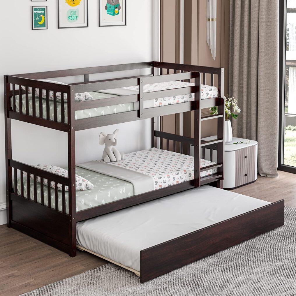 KOMFOTT Twin Over Twin Wood Bunk Bed with Trundle, 2-in-1 Convertible Bunk Bed with Ladder & Solid Wood Frame