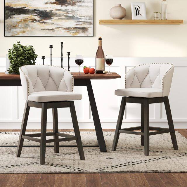 KOMFOTT Counter Height Bar Stools Set of 2/4, Fabric Upholstered Island Stools with 360° Swivel Seat & Button-Tufted Back