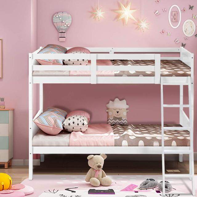 KOMFOTT Wood Twin Over Twin Bunk Beds, Convertible 2 Individual Twin Beds for Kids Children